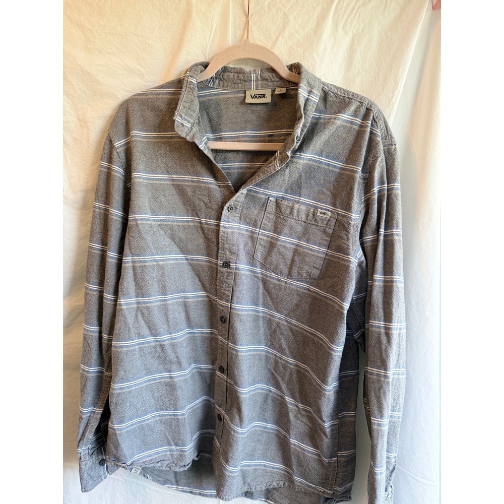 Vans Mens Large Gray Striped Long Sleeve Button Up Shirt Skate Casual Pocket